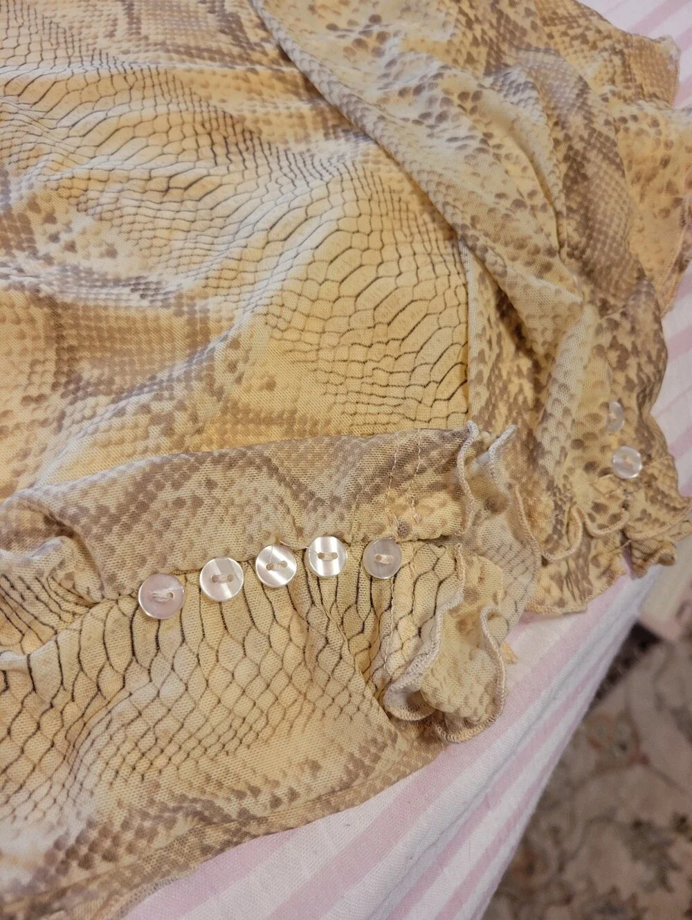 Free People Snake-Print Mesh Long Sleeve Blouse in Beige